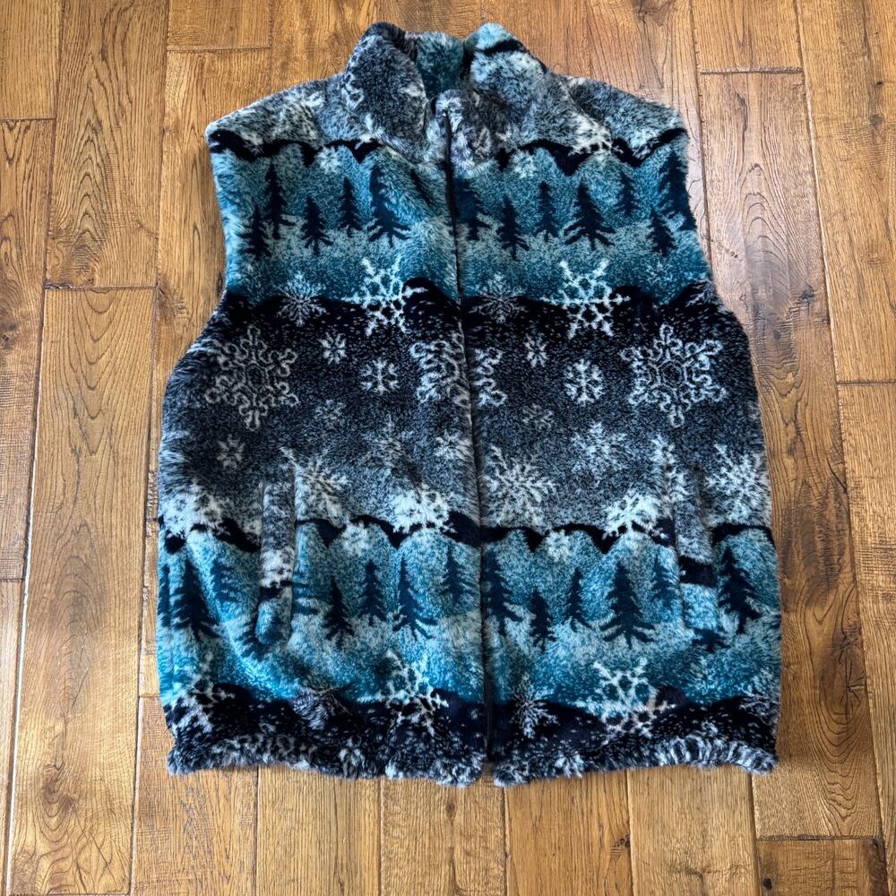 VTG Fuzzy Vest STARFIRE Womens Sz L Winter Snowflake Blue Made in USA Modacrylic